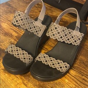 Skechers Women's Sandals with Tan Straps and Black Sole